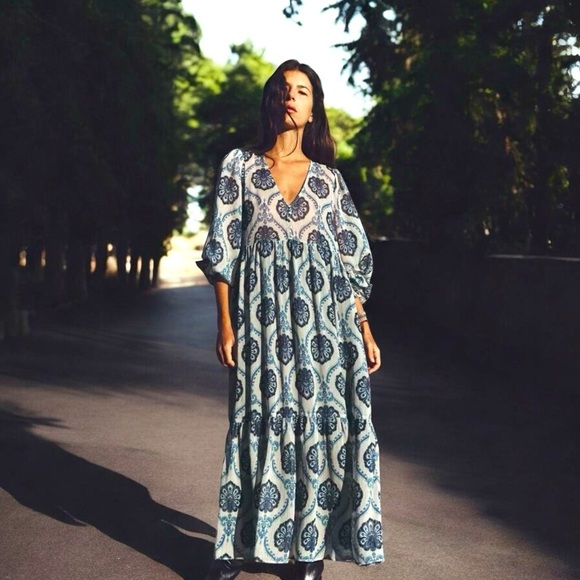 ZARA Blue Metallic Paisley Printed Dress Size: M - Picture 1 of 14